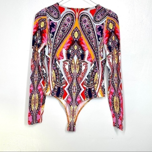Free People Pick a Place Multicolored Bodysuit Faux Lace Up Front Snap Crotch M - Picture 5 of 14